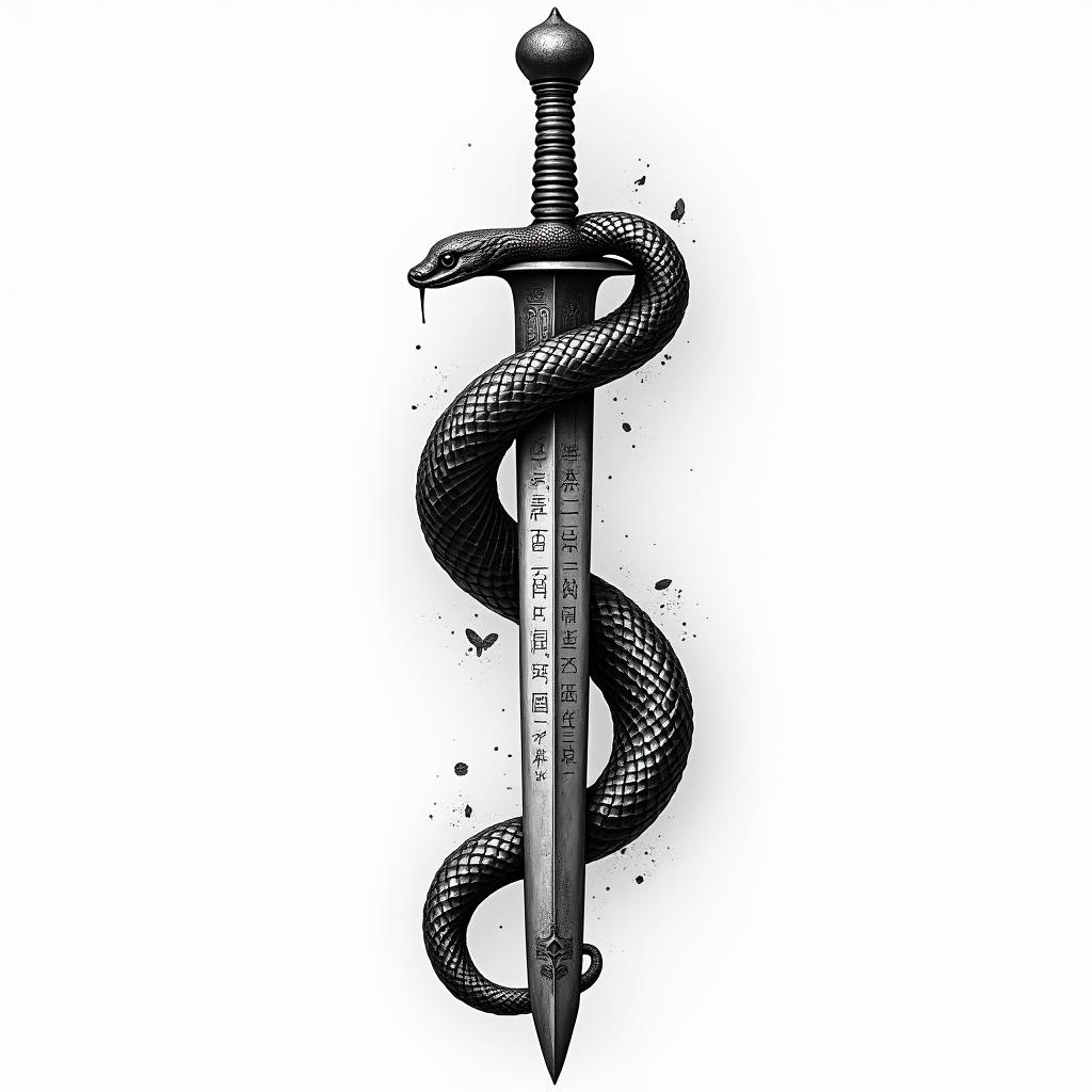 Snake wrapped around sword with inscription on itin egyptian style tattoo, bold elements of ancient egyptian culture including a portrait of an Egyptian pharaoh with detailed facial features, in hieroglyphs and symbolic imagery, eye of horus, ankh symbol, scarab beetle - Variation 2