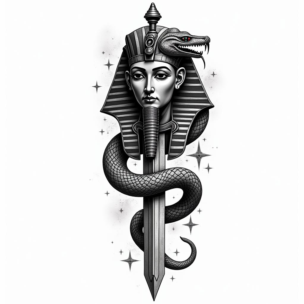 Snake wrapped around sword with inscription on itin egyptian style tattoo, bold elements of ancient egyptian culture including a portrait of an Egyptian pharaoh with detailed facial features, in hieroglyphs and symbolic imagery, eye of horus, ankh symbol, scarab beetle - Variation 3