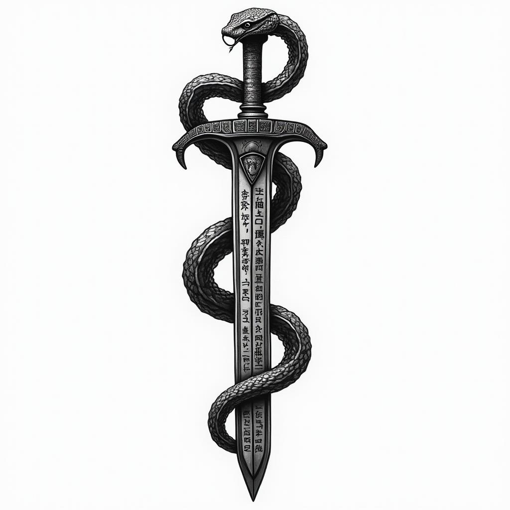 Snake wrapped around sword with inscription on itin egyptian style tattoo, bold elements of ancient egyptian culture including a portrait of an Egyptian pharaoh with detailed facial features, in hieroglyphs and symbolic imagery, eye of horus, ankh symbol, scarab beetle