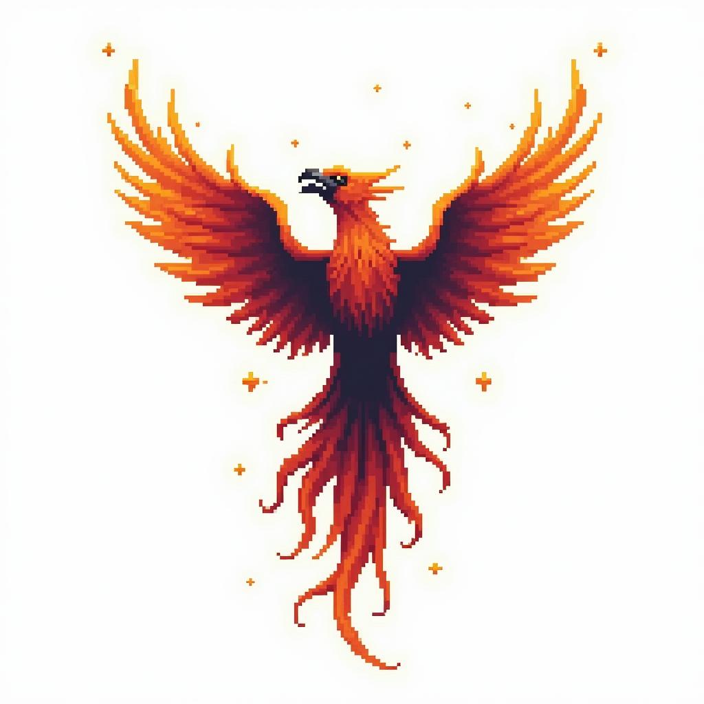 Rising phoenix with vibrant fiery wingsin 8-bit tattoo style, minimalistic pixel style tattoo, pixel art with simplified shapes and retro gaming visuals, inspired by 8-bit pixel based detailing