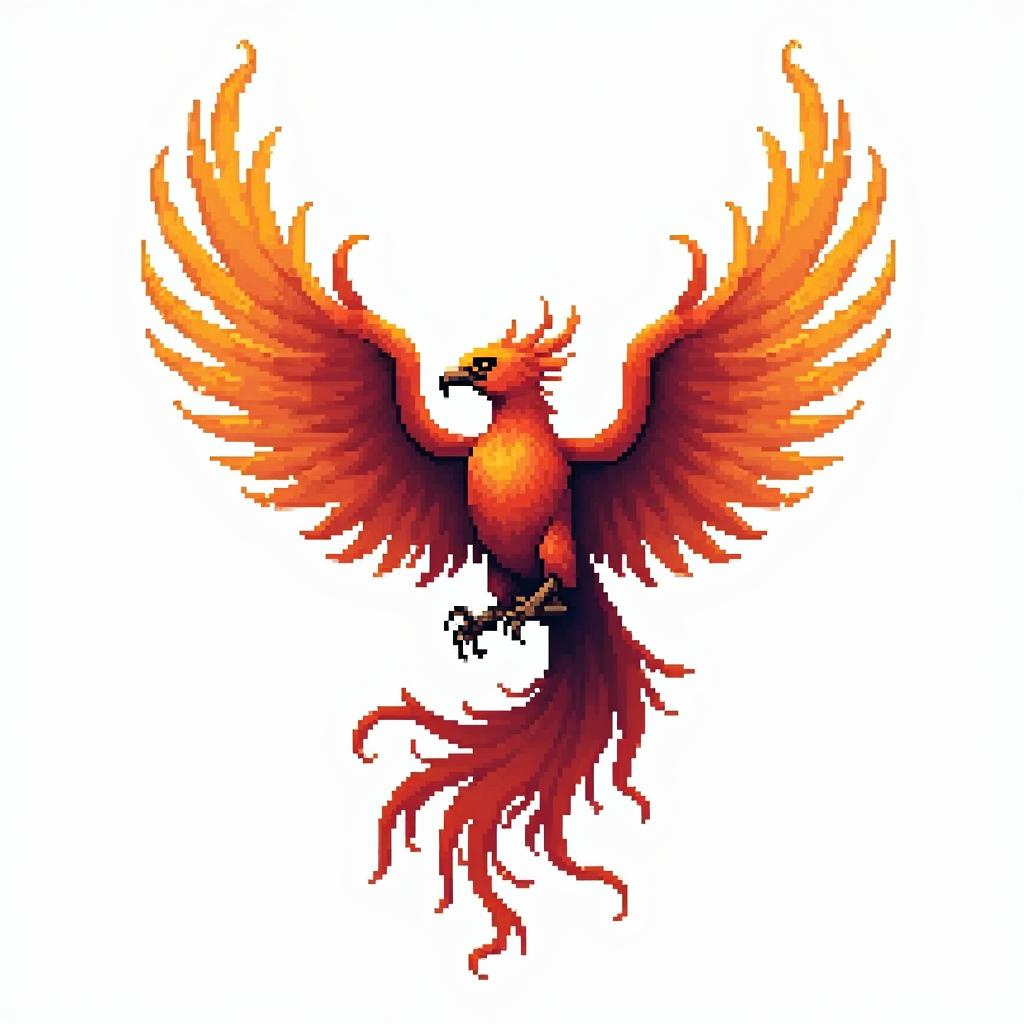 Rising phoenix with vibrant fiery wingsin 8-bit tattoo style, minimalistic pixel style tattoo, pixel art with simplified shapes and retro gaming visuals, inspired by 8-bit pixel based detailing - Variation 3