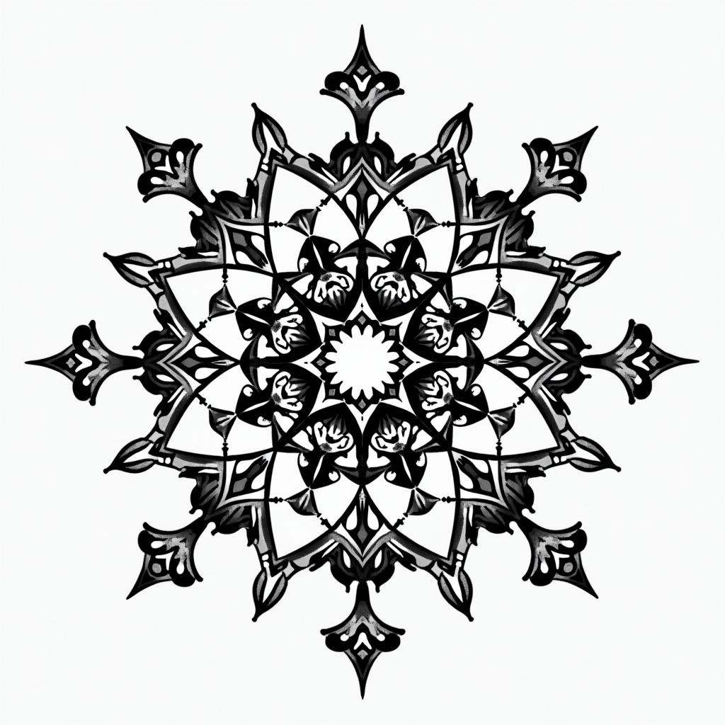 I would like a strong tattoo that represents my family, my 3 children, and what revolves around my job as a midwife.in dotwork style tattoo, complex mandala patterns, interlocking geometric shapes with sharp symmetry, clean lines, sharp angles