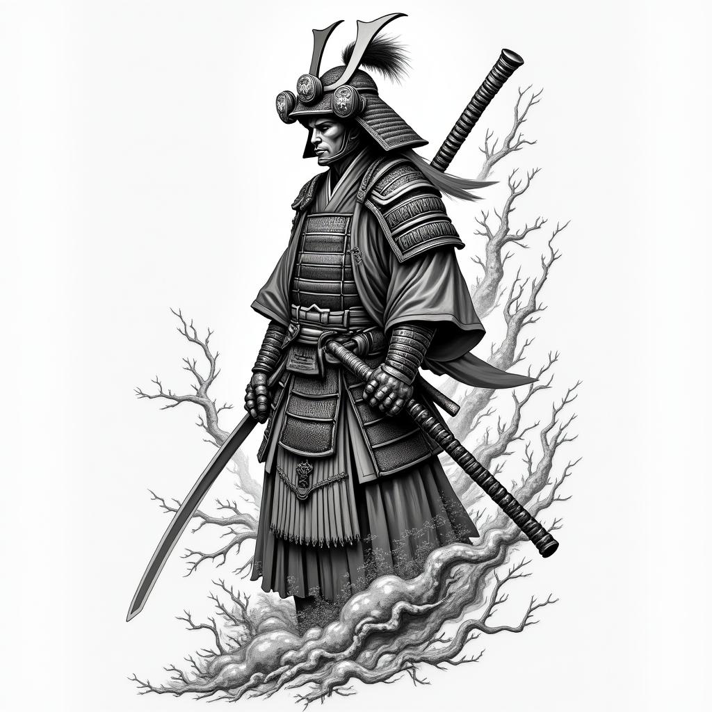 Samurai, Feudal Japan, Japanese Goddess of Death, Villagers in Traditional Clothingin japanese style tattoo, detailed tattoo, traditional japanese culture tattoo, mythology, 8k - Variation 4