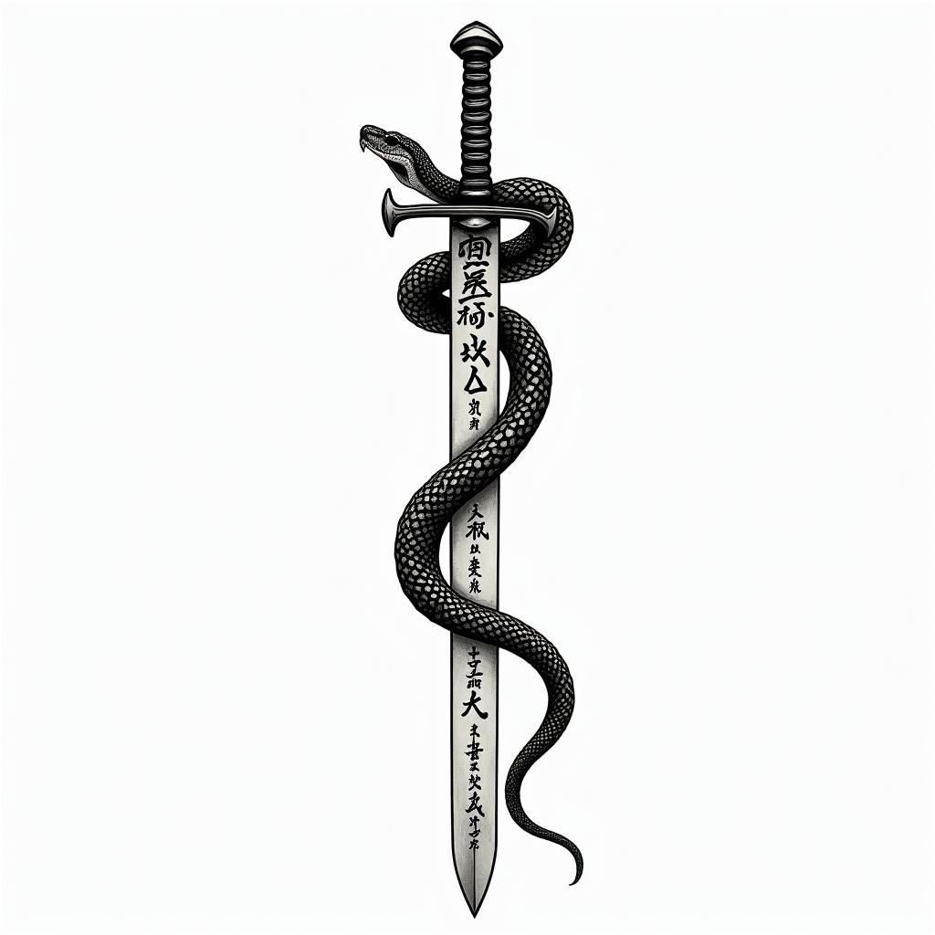 Snake wrapped around sword with inscription on ittext-based tattoo, japanese font ultra-realistic, perfectly placed, high-quality font design, photo-realistic shading, 8k, high quality, finely detailed typograph