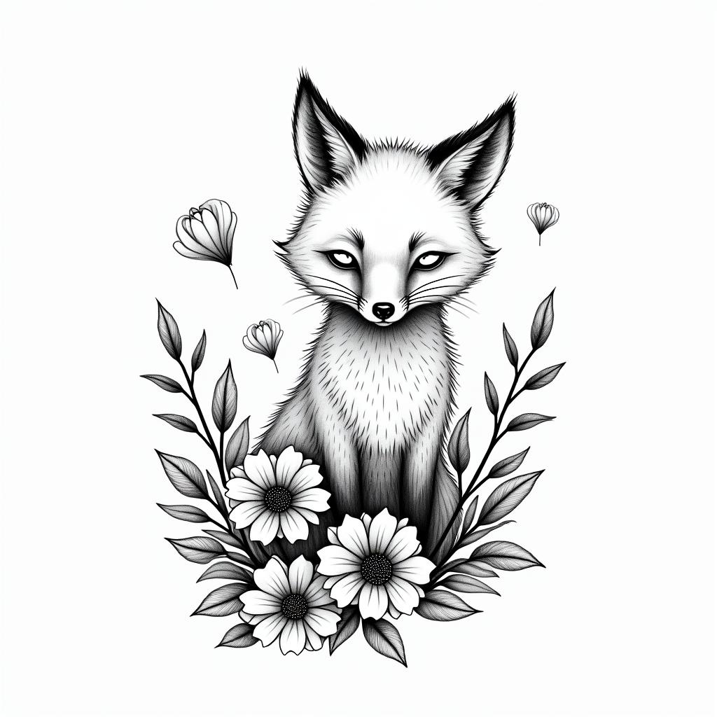 Fine line, flowers, fox, playful, romanticin bohemian style tattoo, 8k - Variation 6