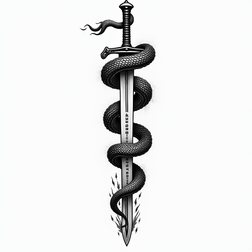 Snake wrapped around sword with inscription on it and flamesin japanese style tattoo, detailed tattoo, traditional japanese culture tattoo, mythology, 8k