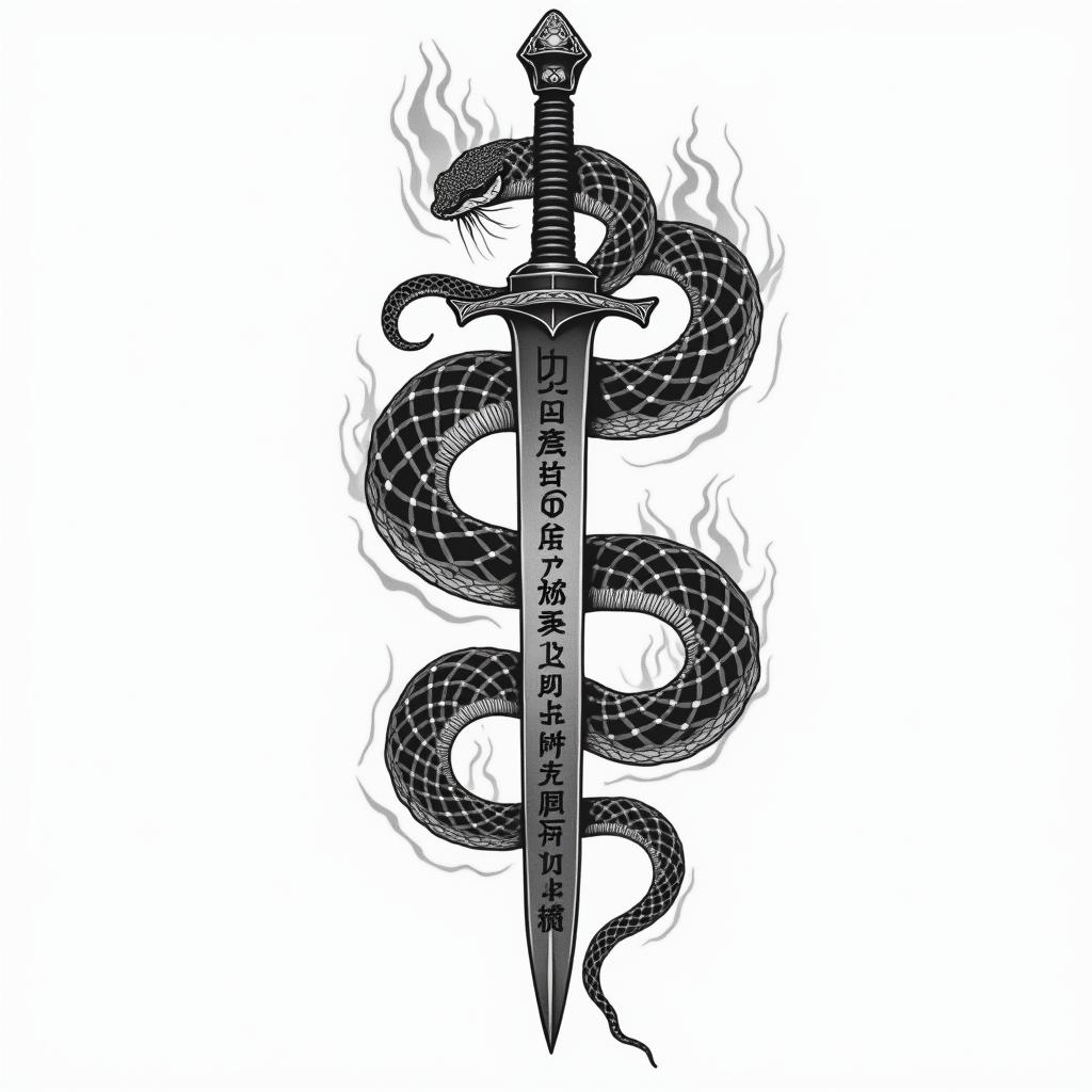 Snake wrapped around sword with inscription on it and flamesin japanese style tattoo, detailed tattoo, traditional japanese culture tattoo, mythology, 8k - Variation 3