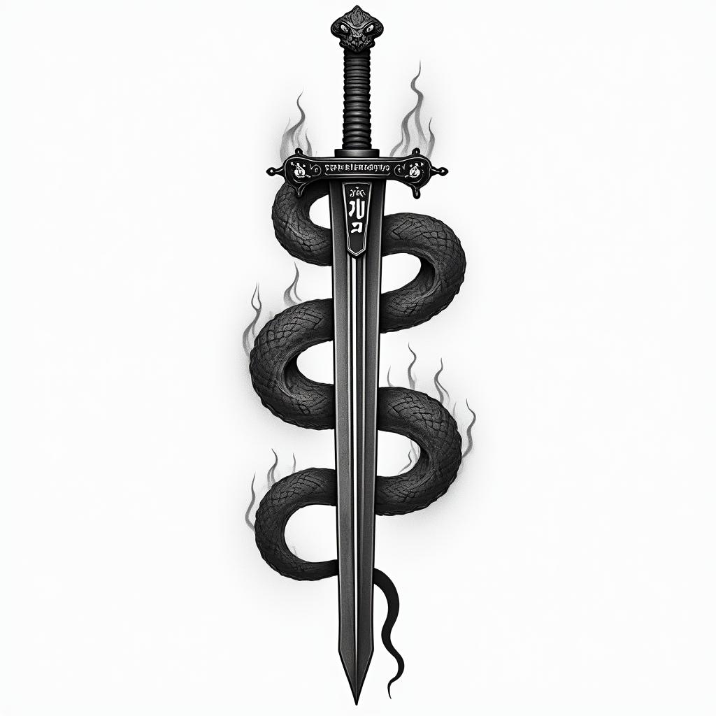 Snake wrapped around sword with inscription on it and flamesin japanese style tattoo, detailed tattoo, traditional japanese culture tattoo, mythology, 8k - Variation 2
