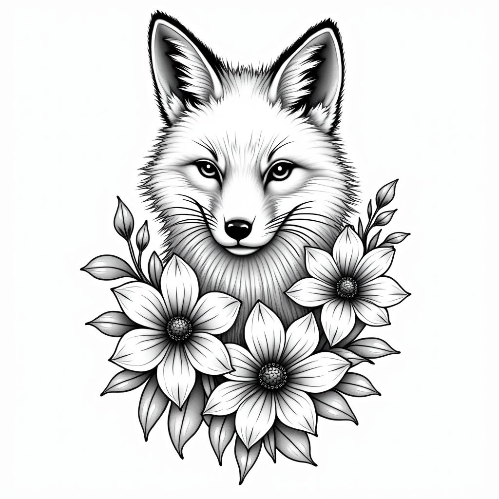 Fine line, flowers, fox, playful, romanticin bohemian style tattoo, 8k - Variation 4