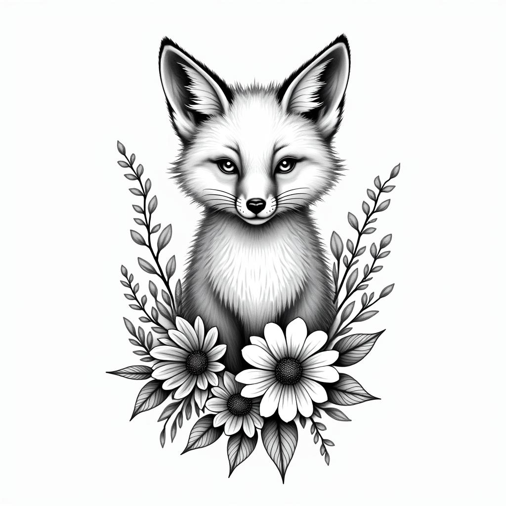 Fine line, flowers, fox, playful, romanticin bohemian style tattoo, 8k - Variation 2