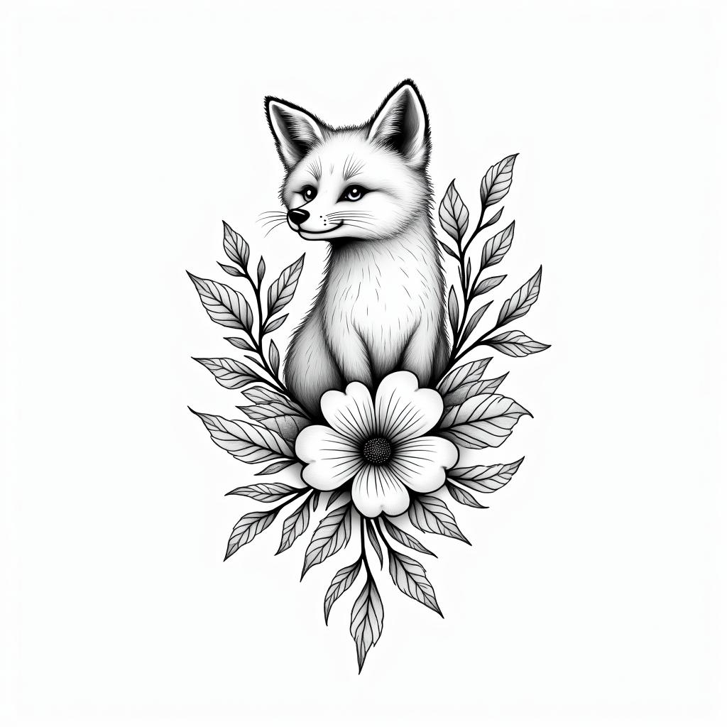 Fine line, flowers, fox, playful, romanticin bohemian style tattoo, 8k