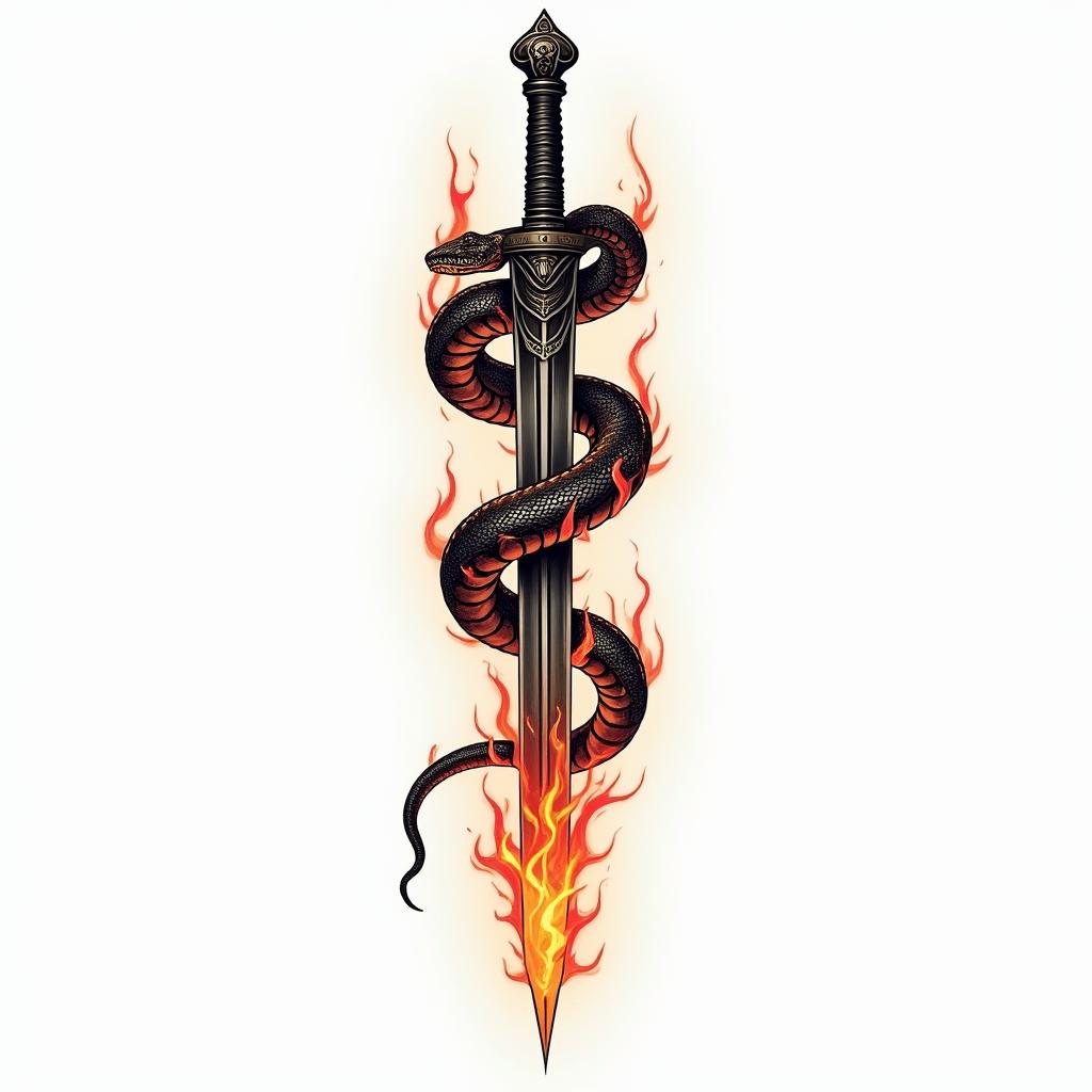 Snake wrapped around sword with inscription on itin flame tattoo style showcasing fiery elements with dynamic flame patterns, glowing effect of flames, natural colors