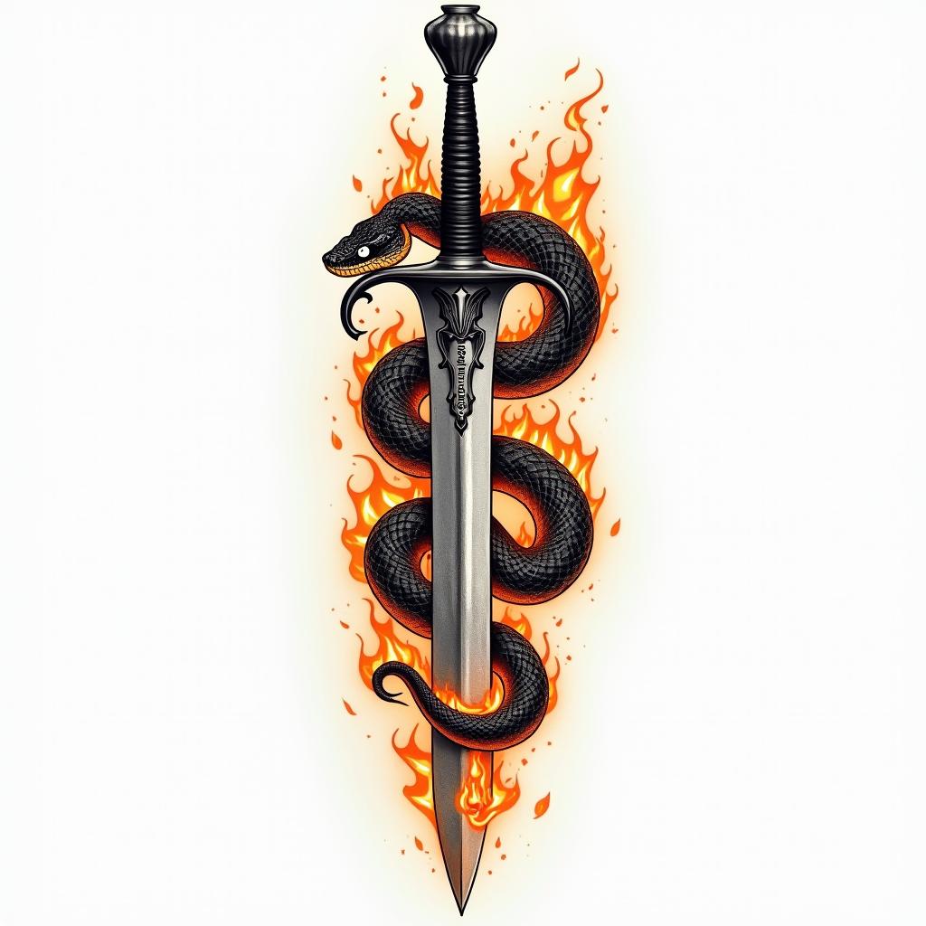 Snake wrapped around sword with inscription on itin flame tattoo style showcasing fiery elements with dynamic flame patterns, glowing effect of flames, natural colors - Variation 4