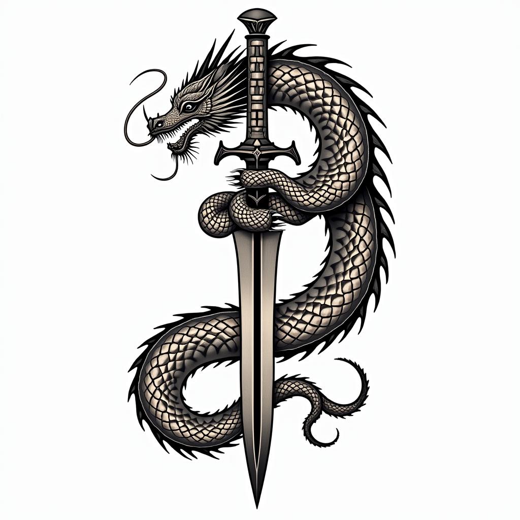 Majestic dragon coiled around a swordin tribal tattoo style, featuring bold and black geometric shapes, curved lines, intertwine and flow seamlessly, creating a powerful and symbolic design, polynesian and maori styles - Variation 8