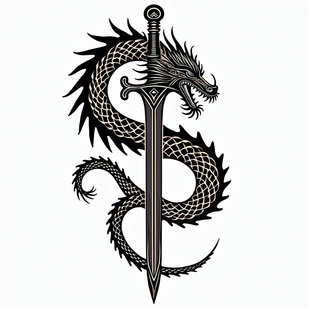 Majestic dragon coiled around a swordin tribal tattoo style, featuring bold and black geometric shapes, curved lines, intertwine and flow seamlessly, creating a powerful and symbolic design, polynesian and maori styles - Variation 7