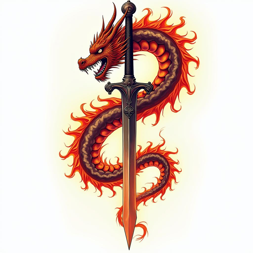 Majestic dragon coiled around a swordin flame tattoo style showcasing fiery elements with dynamic flame patterns, glowing effect of flames, natural colors - Variation 4