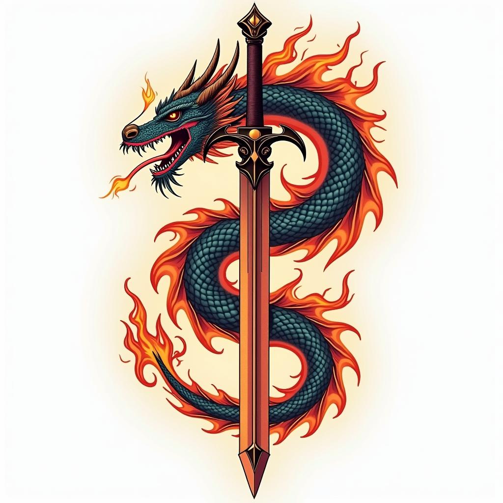 Majestic dragon coiled around a swordin flame tattoo style showcasing fiery elements with dynamic flame patterns, glowing effect of flames, natural colors - Variation 5