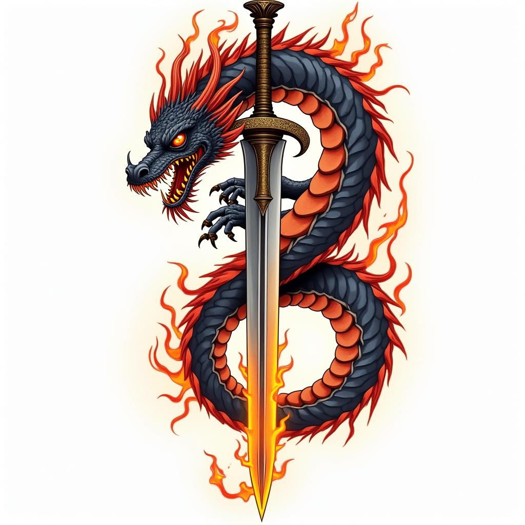 Majestic dragon coiled around a swordin flame tattoo style showcasing fiery elements with dynamic flame patterns, glowing effect of flames, natural colors - Variation 6