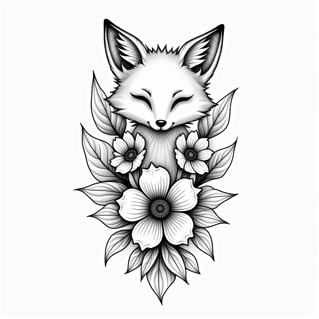 Fine line, flowers, fox, playful, romantic in geometric style tattoo, blending hexagons, mandala-inspired patterns, symmetrical and fractal design, clean lines, sharp angles - Variation 3