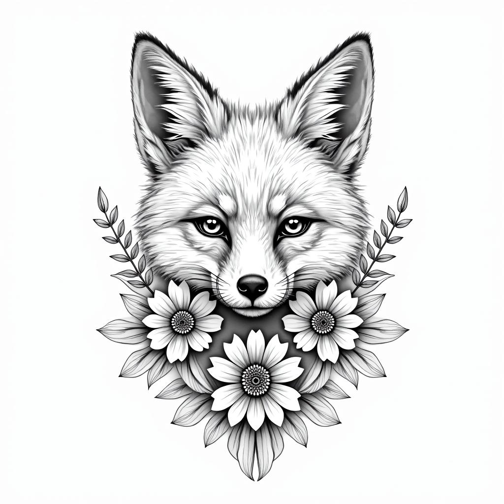 Fine line, flowers, fox, playful, romantic in geometric style tattoo, blending hexagons, mandala-inspired patterns, symmetrical and fractal design, clean lines, sharp angles - Variation 4