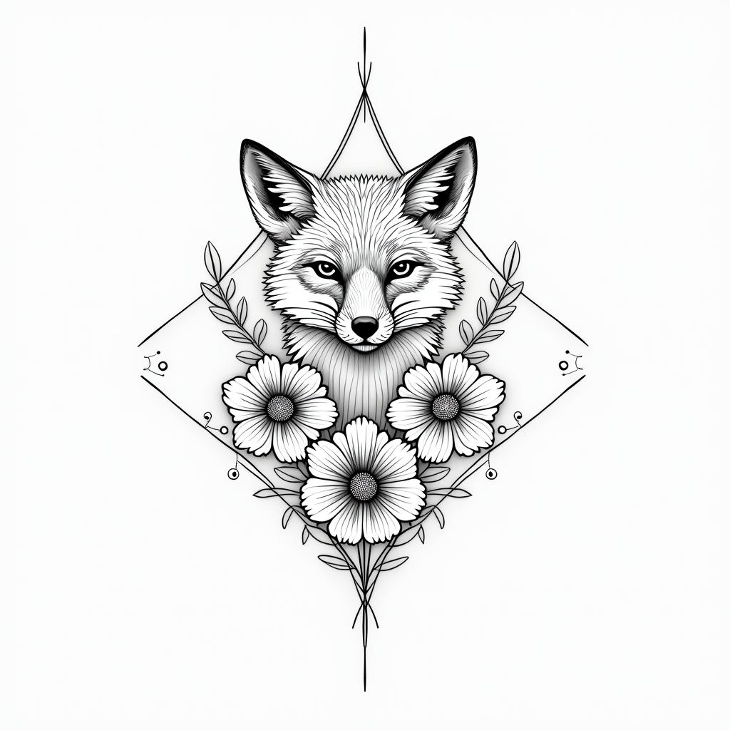 Fine line, flowers, fox, playful, romantic in geometric style tattoo, blending hexagons, mandala-inspired patterns, symmetrical and fractal design, clean lines, sharp angles