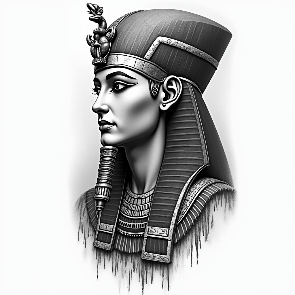Taine, peixes, porto alegre RSin egyptian style tattoo, bold elements of ancient egyptian culture including a portrait of an Egyptian pharaoh with detailed facial features, in hieroglyphs and symbolic imagery, eye of horus, ankh symbol, scarab beetle