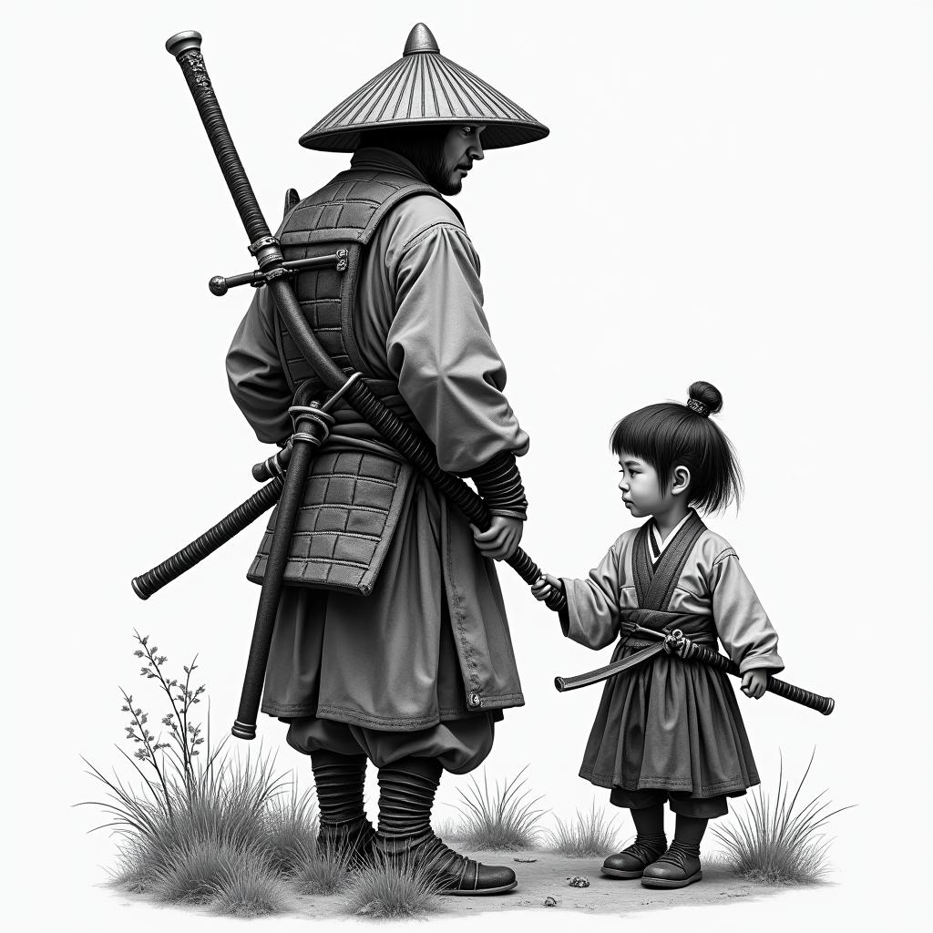 Samurai in traditional clothing and a child in similar attire, within a Feudal Japanese landscape.in realism tattoo style, featuring a highly detailed, lifelike, capturing every detail, photorealistic, ultra realistic, intricate shading, smooth and sharp,  
