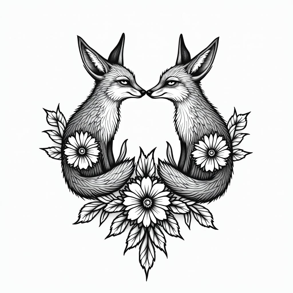 Foxes, flowers, fine line, playful, romanticin dotwork style tattoo, complex mandala patterns, interlocking geometric shapes with sharp symmetry, clean lines, sharp angles