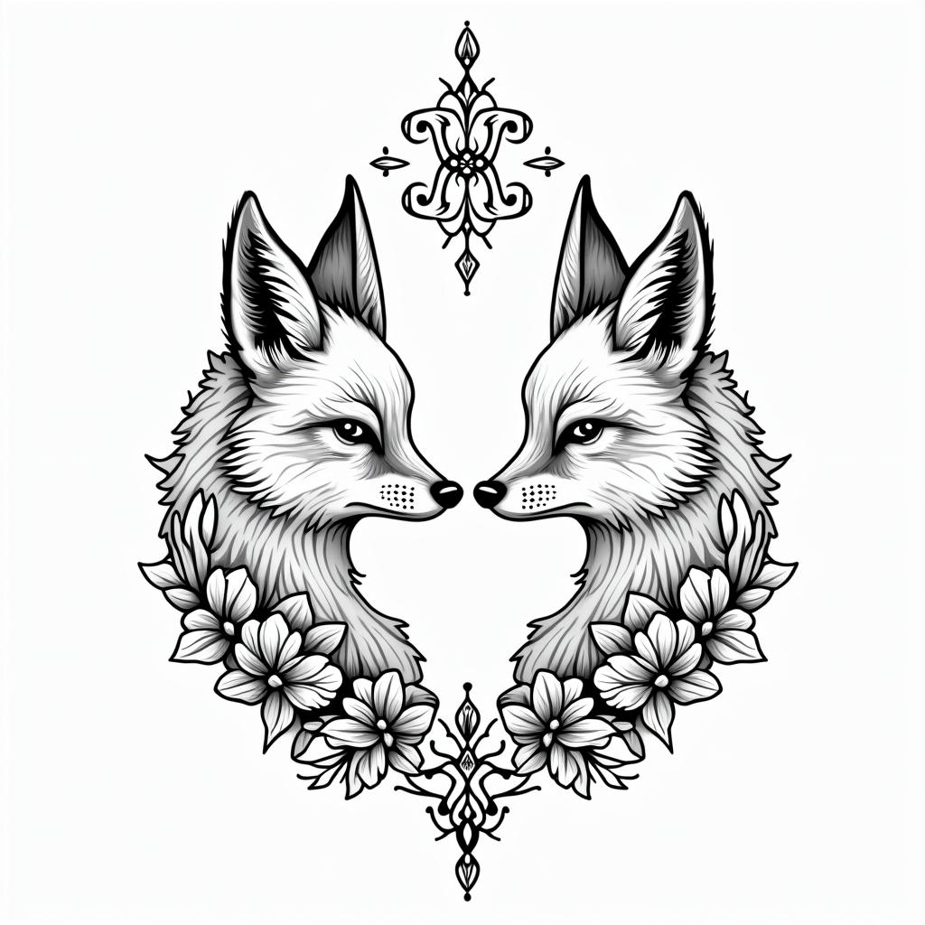 Foxes, flowers, fine line, playful, romanticin dotwork style tattoo, complex mandala patterns, interlocking geometric shapes with sharp symmetry, clean lines, sharp angles - Variation 2