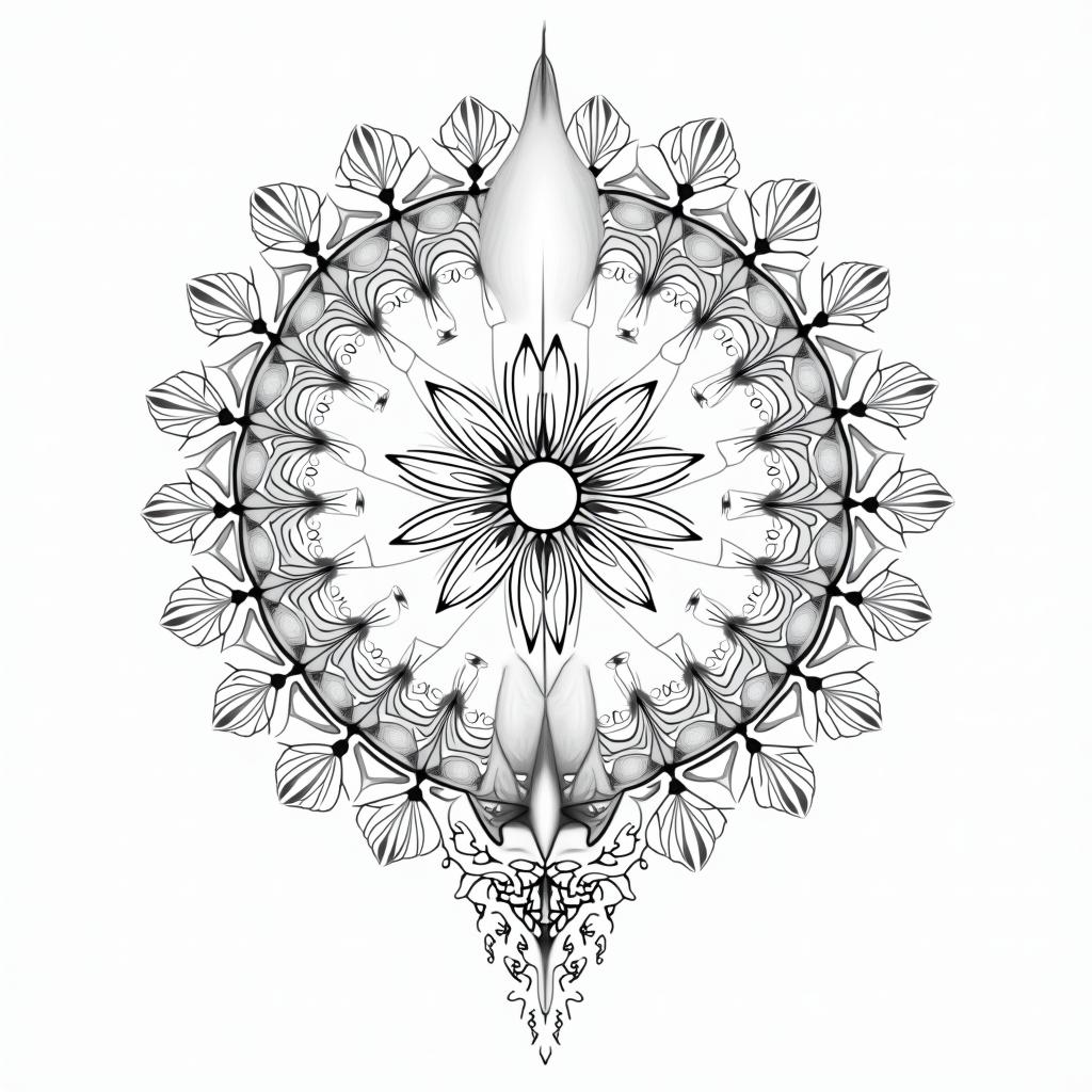 Foxes, flowers, fineline, playful, romantic in geometric style tattoo, blending hexagons, mandala-inspired patterns, symmetrical and fractal design, clean lines, sharp angles