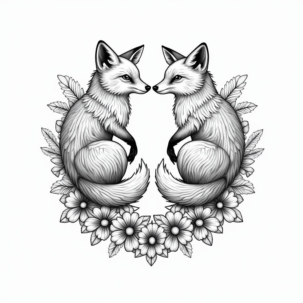 Foxes, flowers, fineline, playful, romantic in geometric style tattoo, blending hexagons, mandala-inspired patterns, symmetrical and fractal design, clean lines, sharp angles - Variation 2