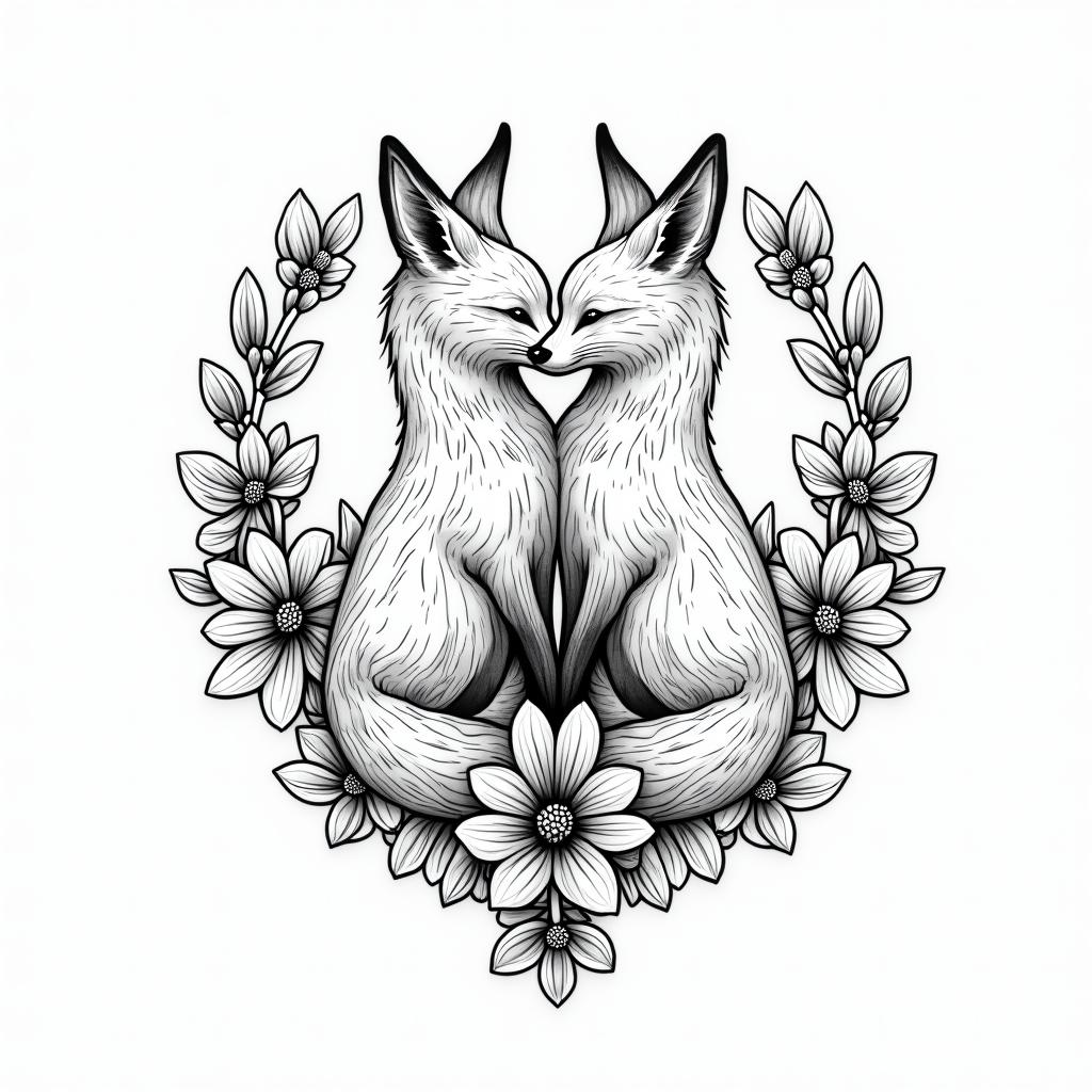 Foxes, flowers, fineline, playful, romantic in geometric style tattoo, blending hexagons, mandala-inspired patterns, symmetrical and fractal design, clean lines, sharp angles - Variation 4