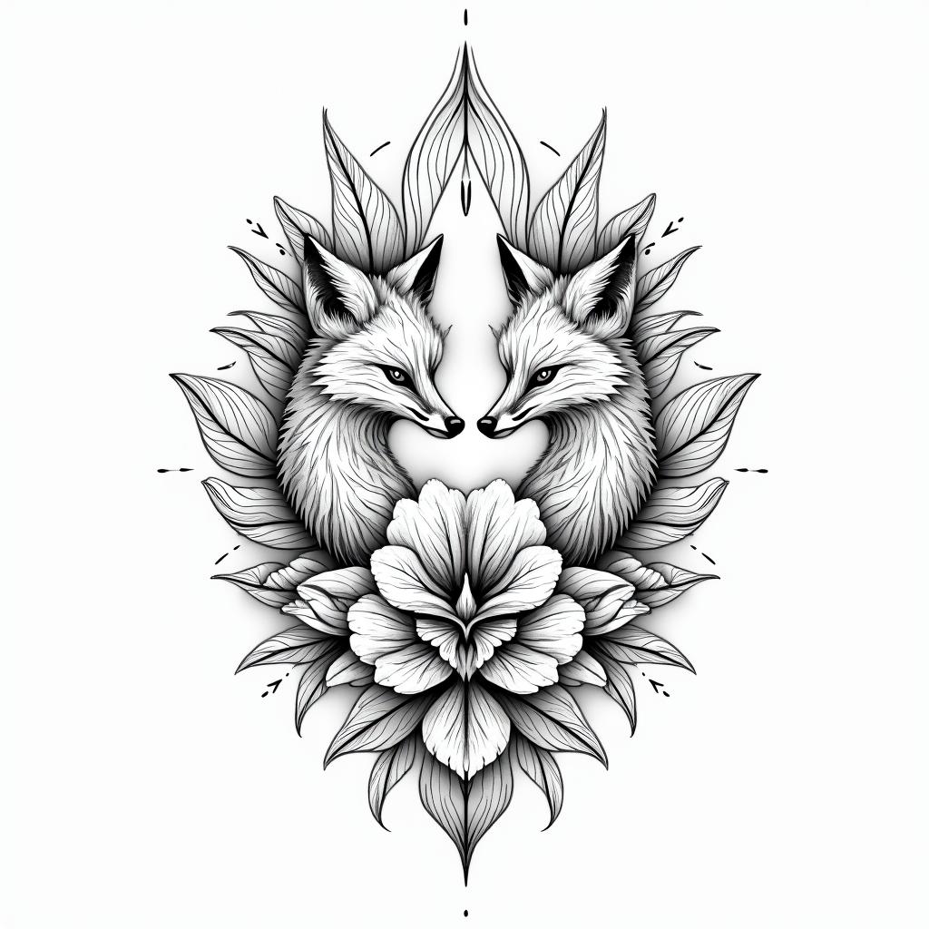 Foxes, flowers, fineline, playful, romantic in geometric style tattoo, blending hexagons, mandala-inspired patterns, symmetrical and fractal design, clean lines, sharp angles - Variation 3