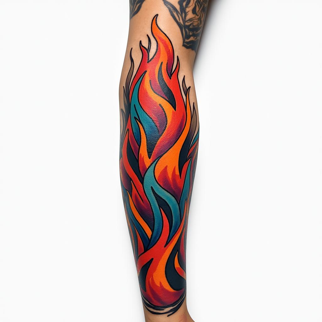 Half sleeve colorful flames in forearmin pop art style tattoo, featuring bold and vibrant colors, exaggerated outlines, iconic imagery, inspired by comic books and speech bubbles, comic book characters, retro pop culture - Variation 3