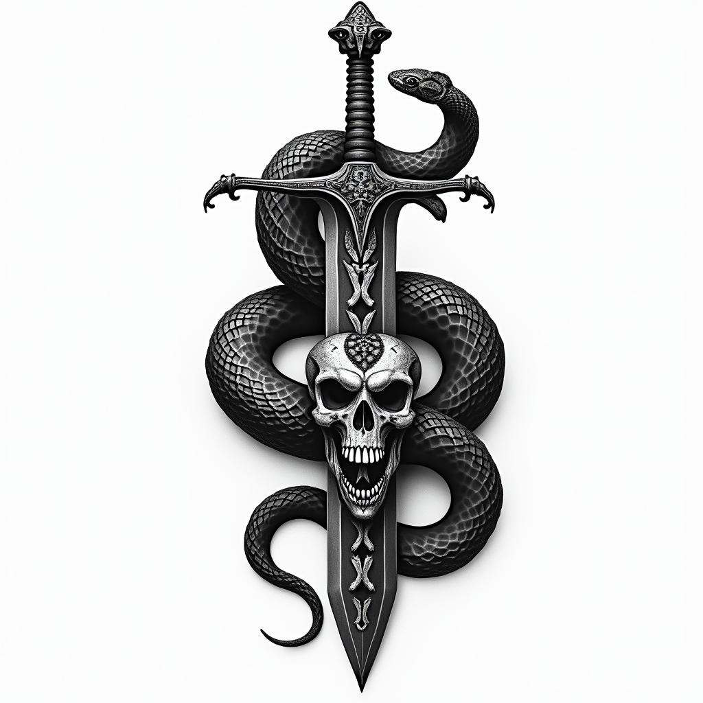 Snake wrapped around sword with design on it in horror tattoo style, showcasing haunting and unsettling, dark and gritty textures with skulls, eerie faces, jgged designs, bold and intense shading - Variation 2