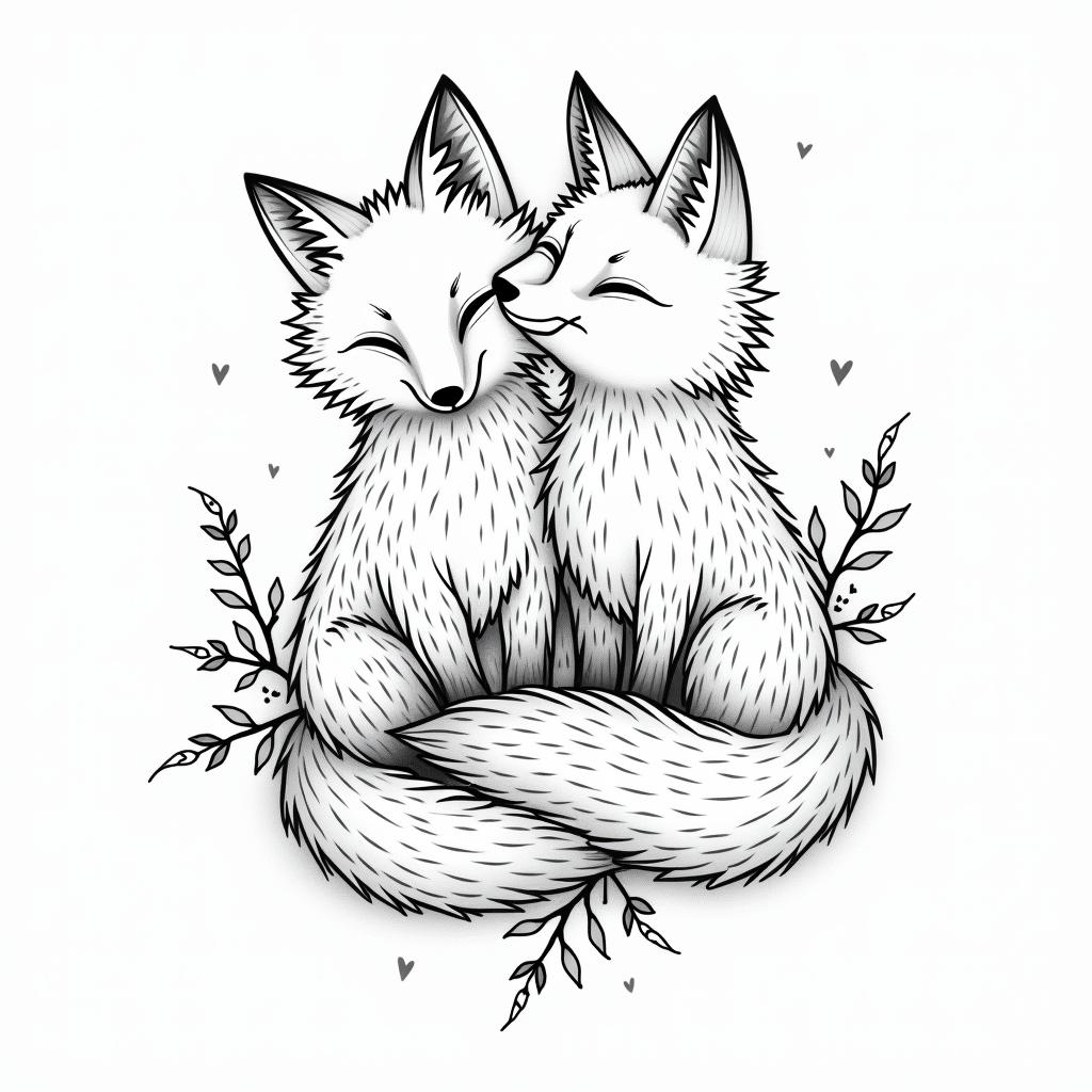 Foxes, flowers, fineline, playful, romanticin bohemian style tattoo, 8k - Variation 5