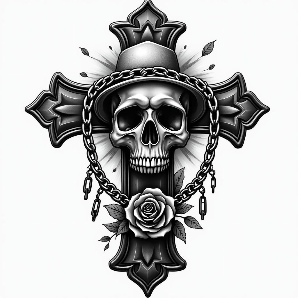 Gangsta old-school realismin chicano style tattoo, featuring intricate black and grey shading, bold elements of traditional chicano culture symbols, add a big cross with skull, chains and roses