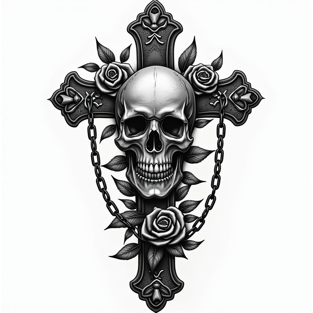 Gangsta old-school realismin chicano style tattoo, featuring intricate black and grey shading, bold elements of traditional chicano culture symbols, add a big cross with skull, chains and roses - Variation 2