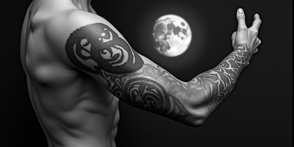 Howling wolf under a full moonhigly detailed tattoo - Variation 11