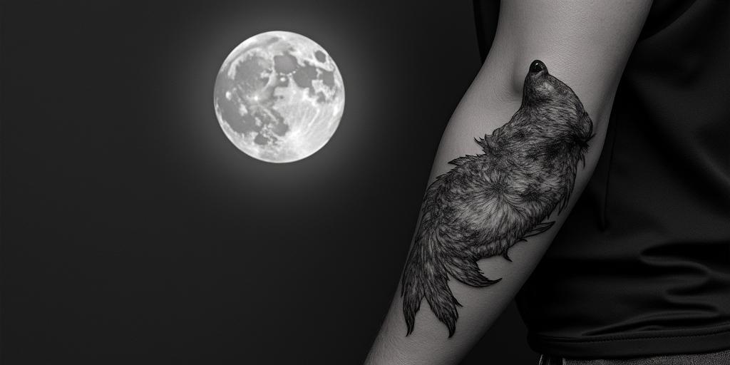 Howling wolf under a full moonhigly detailed tattoo - Variation 9