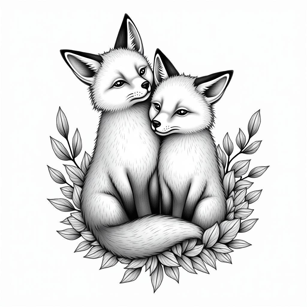Foxes, flowers, fineline, playful, romanticin bohemian style tattoo, 8k - Variation 4