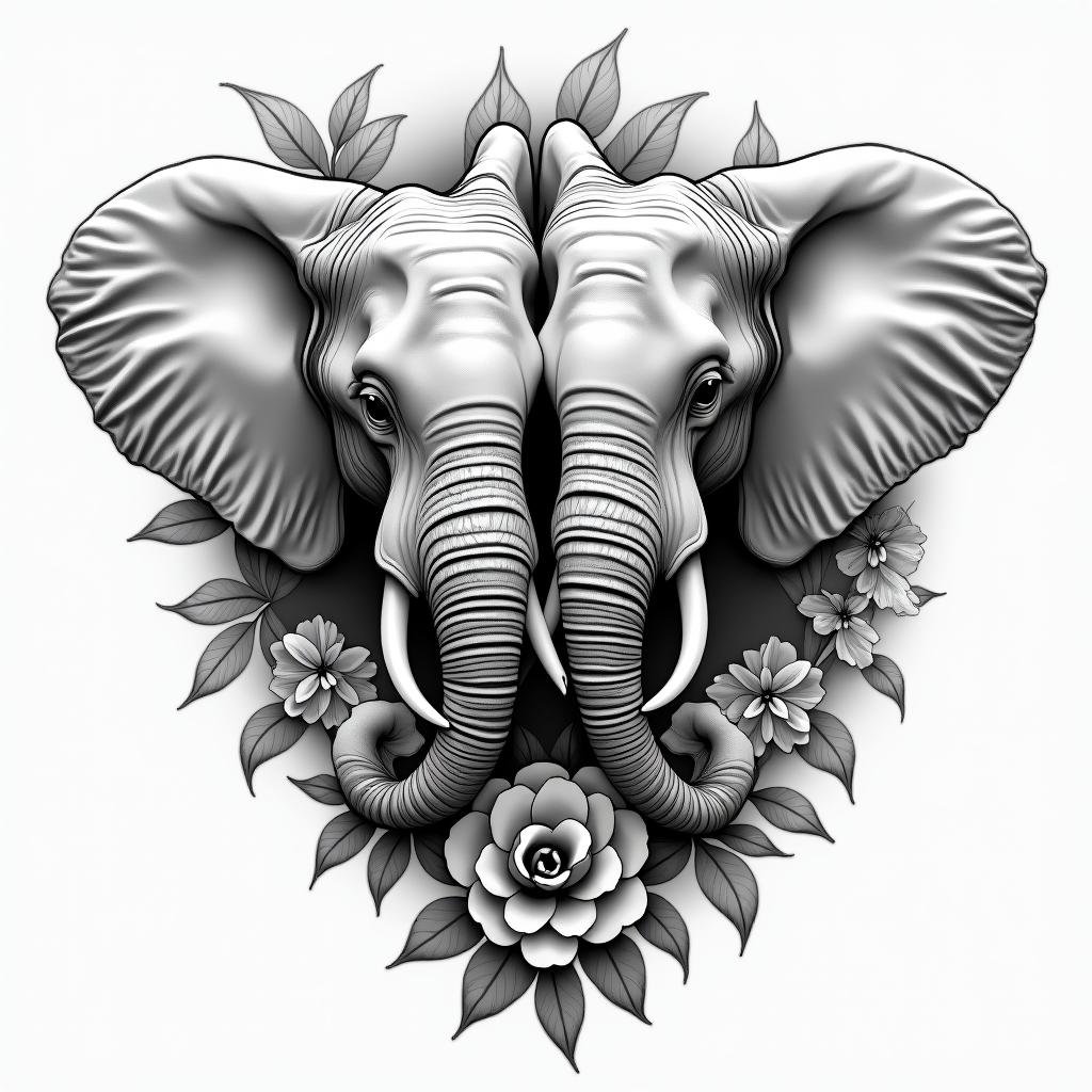2 Elephants with flowersin portrait tattoo style, featuring a highly realistic and detailed depiction 