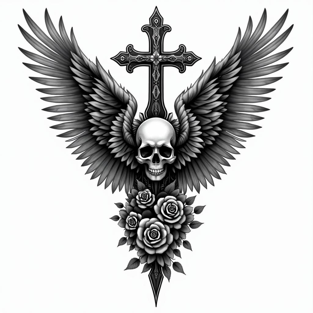Angel wings with detailed feathersin chicano style tattoo, featuring intricate black and grey shading, bold elements of traditional chicano culture symbols, add a big cross with skull, chains and roses - Variation 4