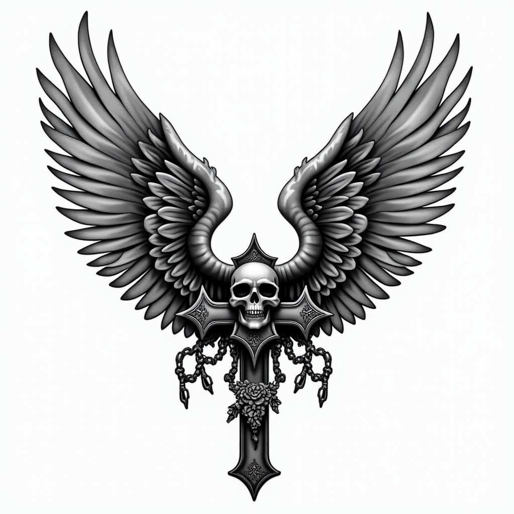 Angel wings with detailed feathersin chicano style tattoo, featuring intricate black and grey shading, bold elements of traditional chicano culture symbols, add a big cross with skull, chains and roses - Variation 3
