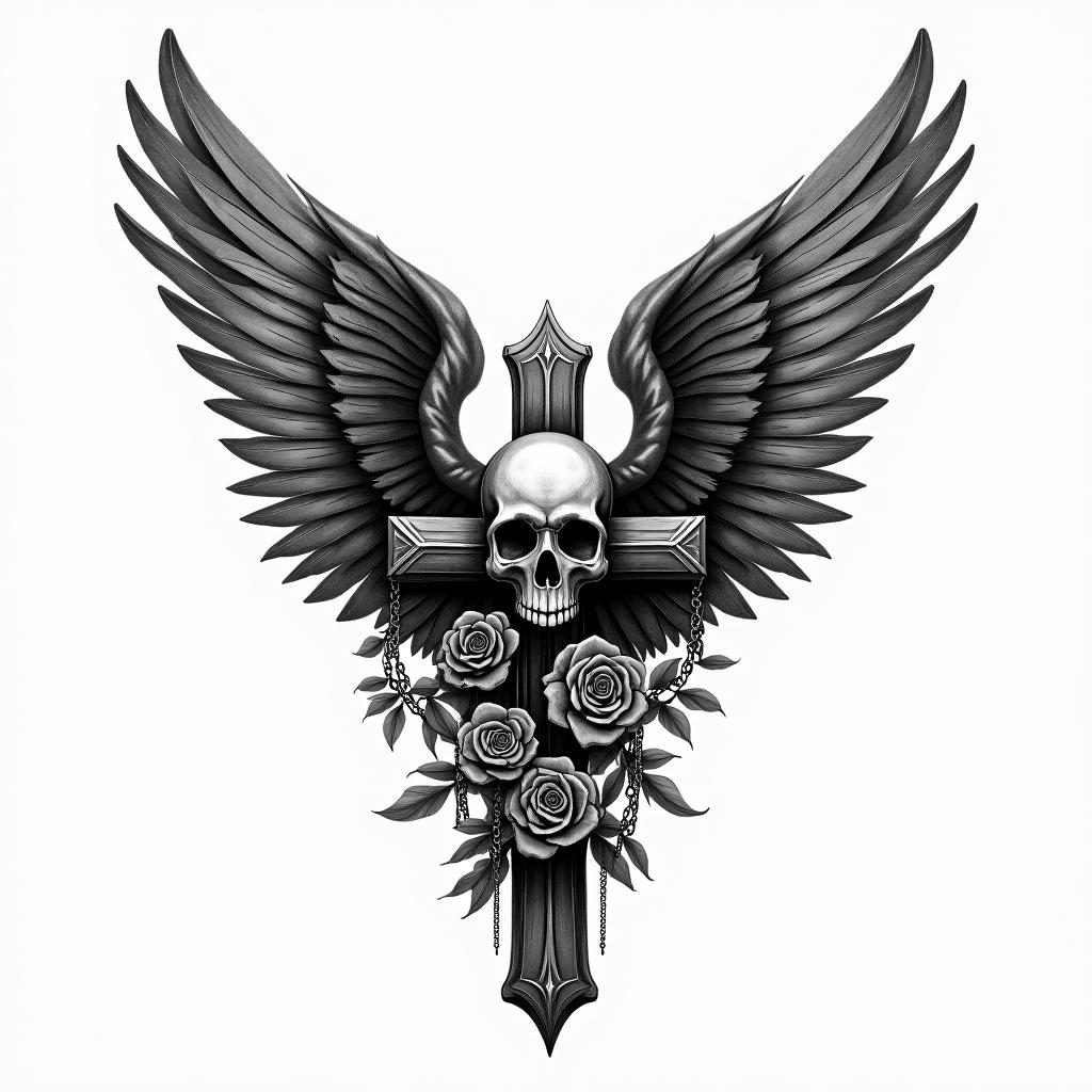 Angel wings with detailed feathersin chicano style tattoo, featuring intricate black and grey shading, bold elements of traditional chicano culture symbols, add a big cross with skull, chains and roses - Variation 2