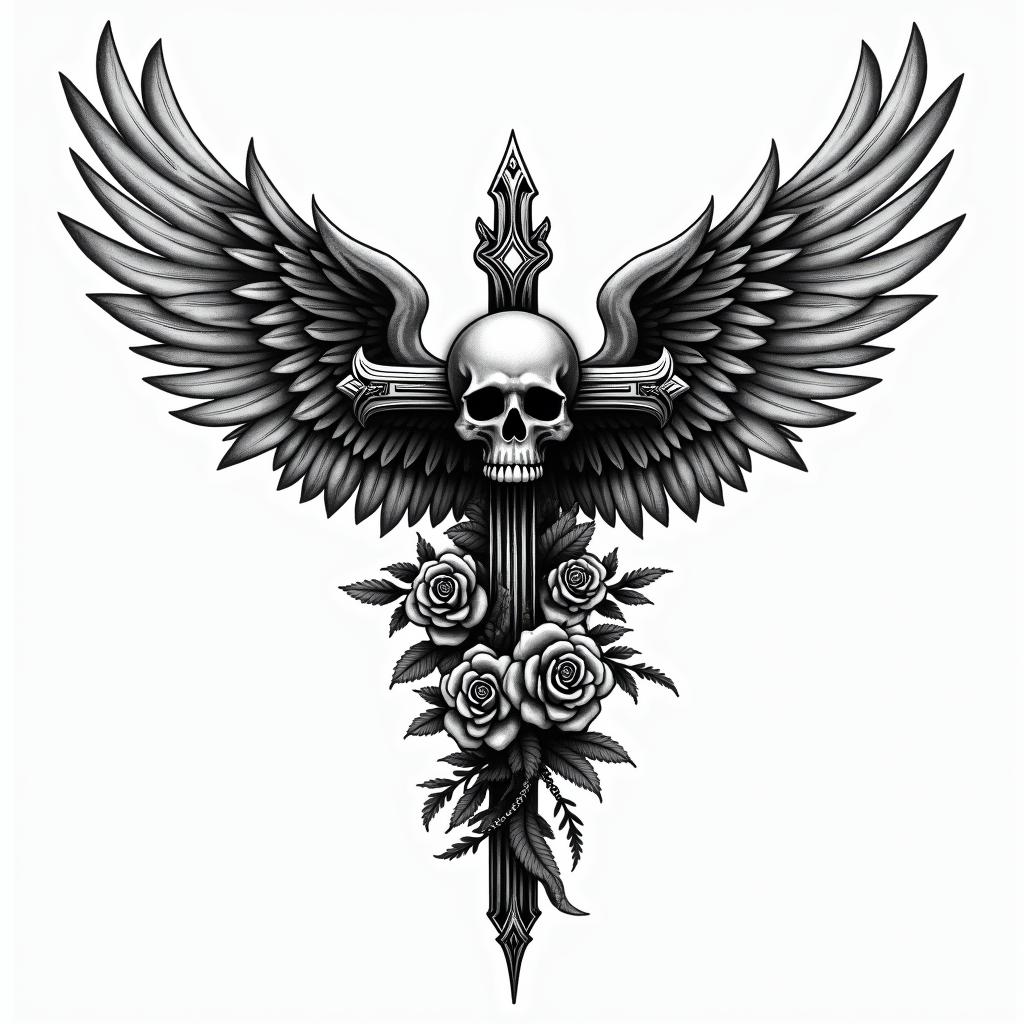 Angel wings with detailed feathersin chicano style tattoo, featuring intricate black and grey shading, bold elements of traditional chicano culture symbols, add a big cross with skull, chains and roses