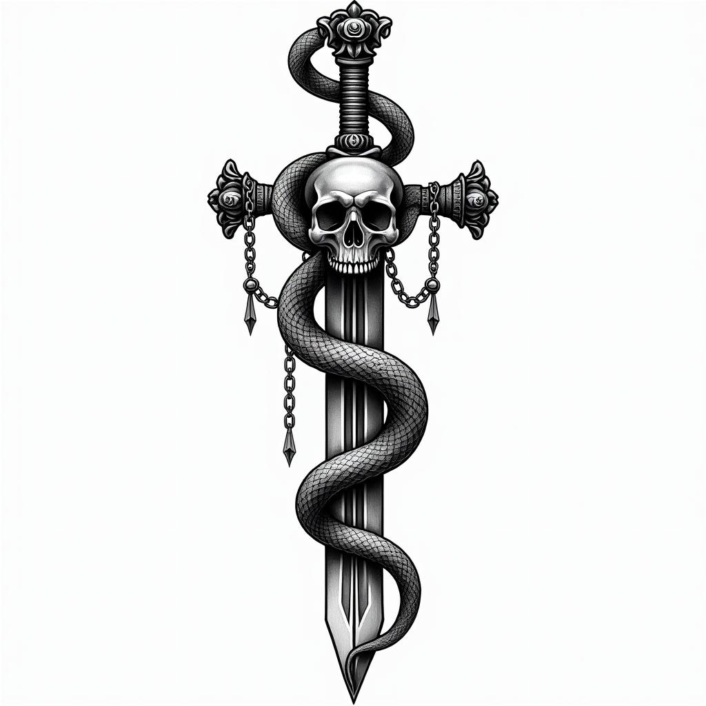 Snake wrapped around sword with design in itin chicano style tattoo, featuring intricate black and grey shading, bold elements of traditional chicano culture symbols, add a big cross with skull, chains and roses - Variation 2