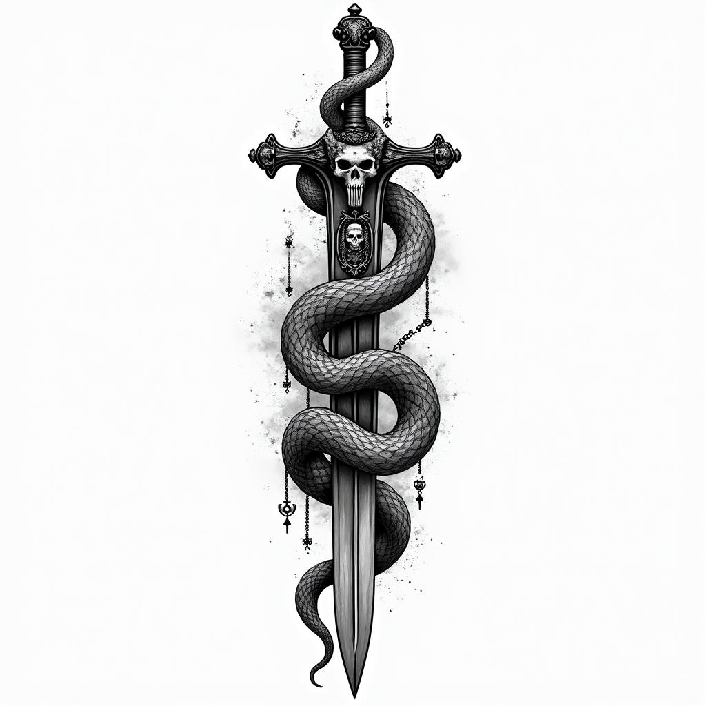 Snake wrapped around sword with design in itin chicano style tattoo, featuring intricate black and grey shading, bold elements of traditional chicano culture symbols, add a big cross with skull, chains and roses - Variation 4