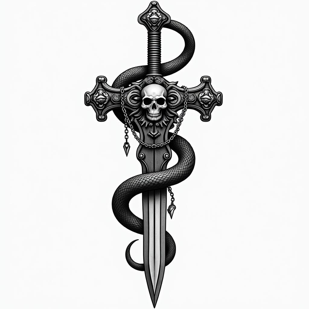 Snake wrapped around sword with design in itin chicano style tattoo, featuring intricate black and grey shading, bold elements of traditional chicano culture symbols, add a big cross with skull, chains and roses