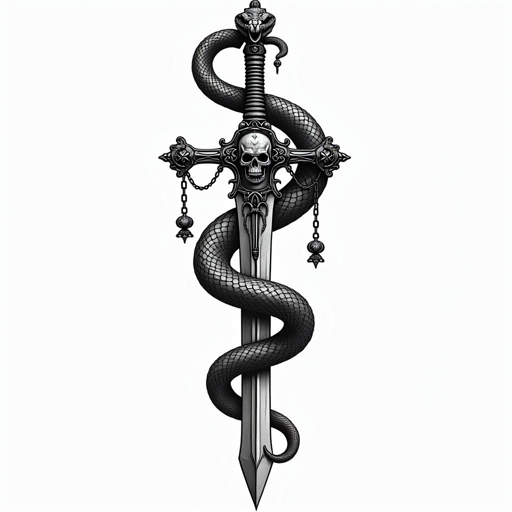 Snake wrapped around sword with design in itin chicano style tattoo, featuring intricate black and grey shading, bold elements of traditional chicano culture symbols, add a big cross with skull, chains and roses - Variation 3